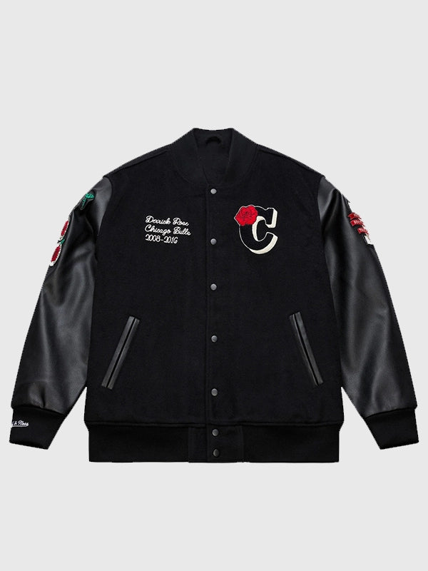 Derrick Rose RECREATED Chicago Bulls retirement jacket in black with traditional letterman construction