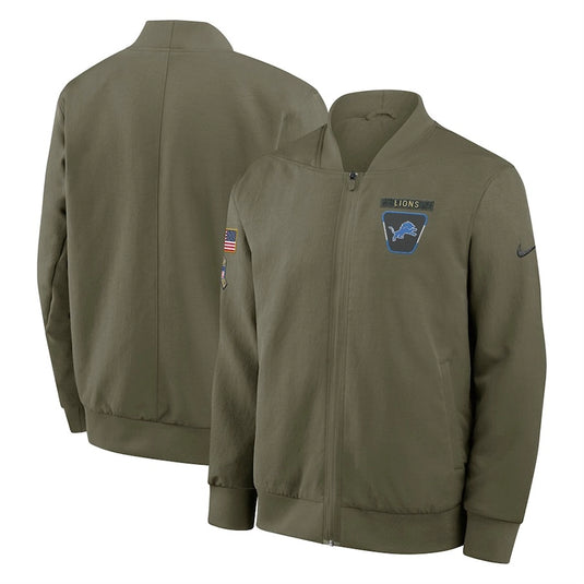 2025 Nike Salute to Service bomber jacket in olive green designed for Detroit Lions fans with premium stitching and athletic fit.