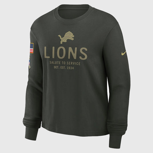 Detroit Lions Nike Dark Green 2025 Salute to Service Long Sleeve Tee with team logo.