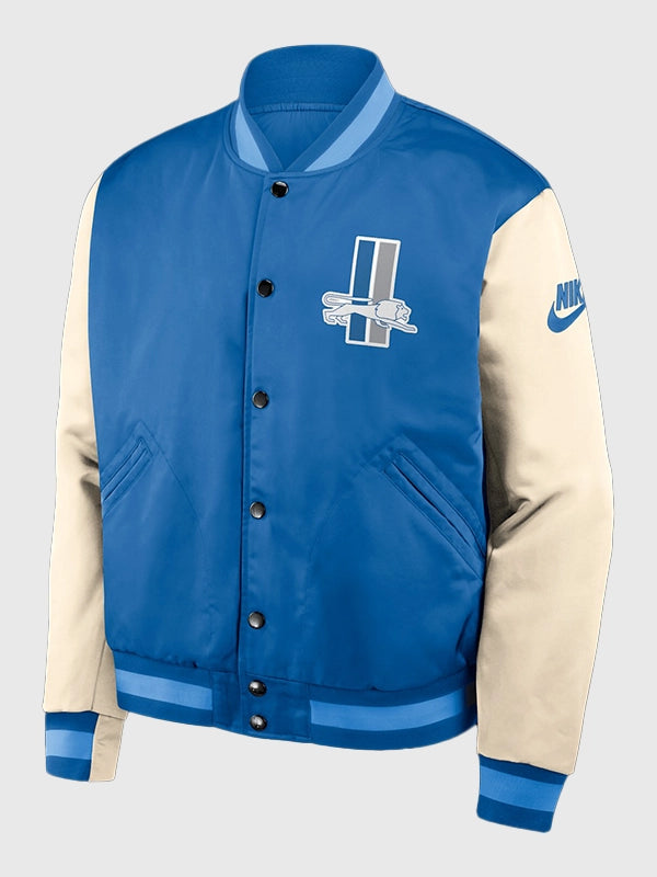 Unisex Detroit Lions bomber jacket crafted in a classic blue and cream colorway.