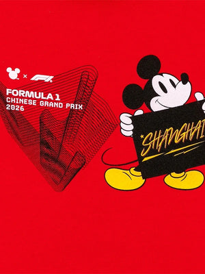 Formula 1 x Disney 2026 Chinese Grand Prix red fleece hoodie recreated with classic pullover style and graphic accents
