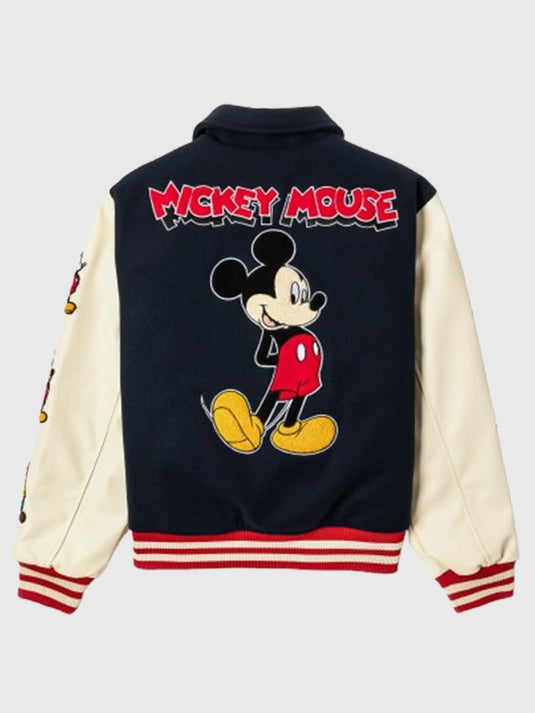 Mickey and Friends varsity jacket by Shoe Palace with navy body and tan sleeves.