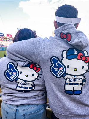 Grey Dodgers Hello Kitty fleece hoodie recreated with cozy construction and relaxed everyday fit