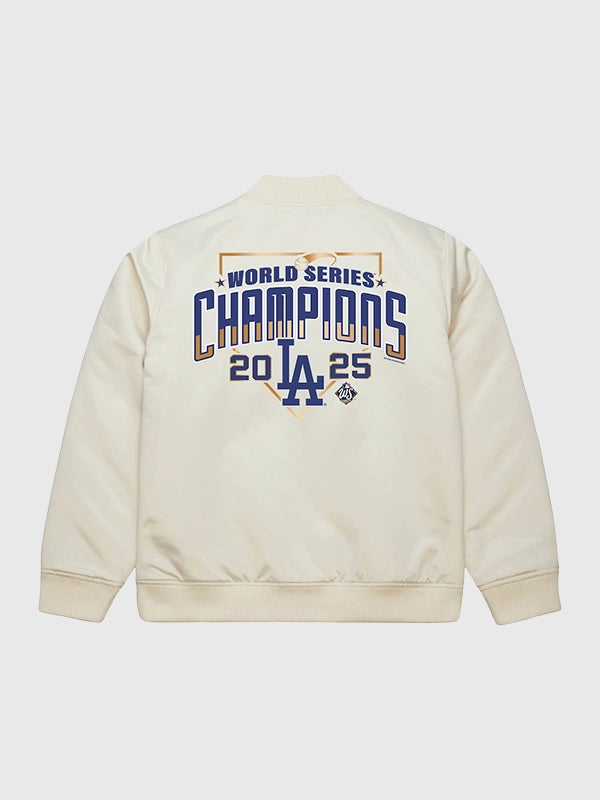 Los Angeles Dodgers 2025 Champions full-zip bomber jacket crafted by Mitchell & Ness in a soft cream tone.