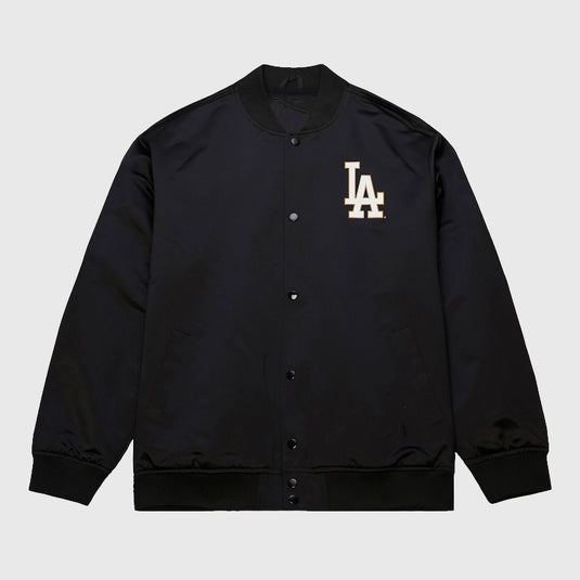Los Angeles Dodgers Mitchell & Ness 2025 World Series Champions black satin jacket with full-snap front closure.