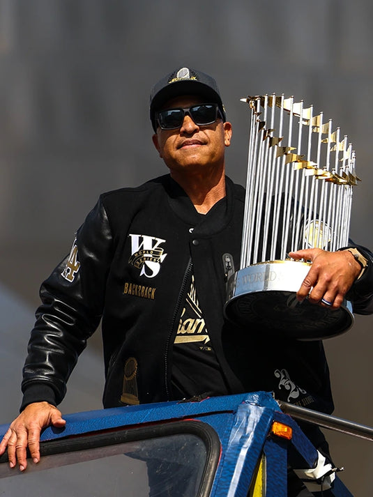 Recreation 2025 Dodgers Parade Jacket inspired by Dave Roberts’ World Series celebration look with premium outerwear design.