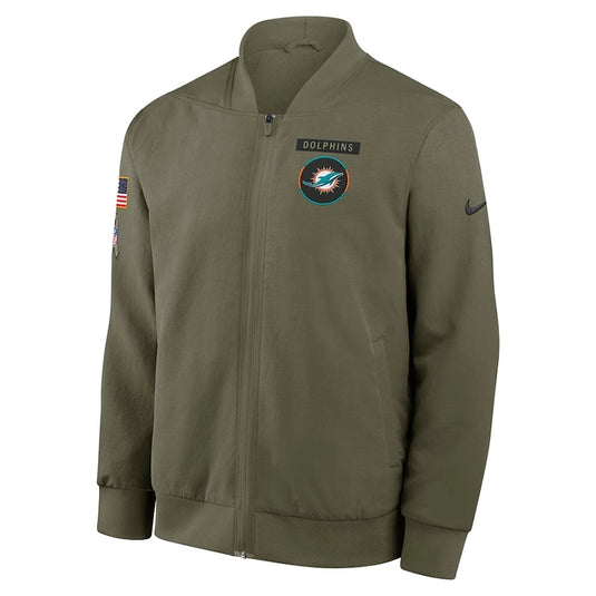 Nike Miami Dolphins 2025 Sideline Full-Zip Bomber Jacket in olive green offering a clean design and premium fleece texture.