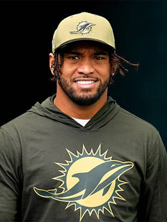 Tua Tagovailoa Miami Dolphins 2025 Salute to Service forest green hooded pullover T-shirt with sleek sideline design.