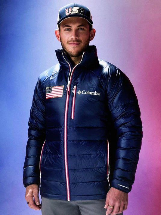 Navy insulated puffer jacket inspired by Team USA and the Milano Cortina 2026 Winter Olympics