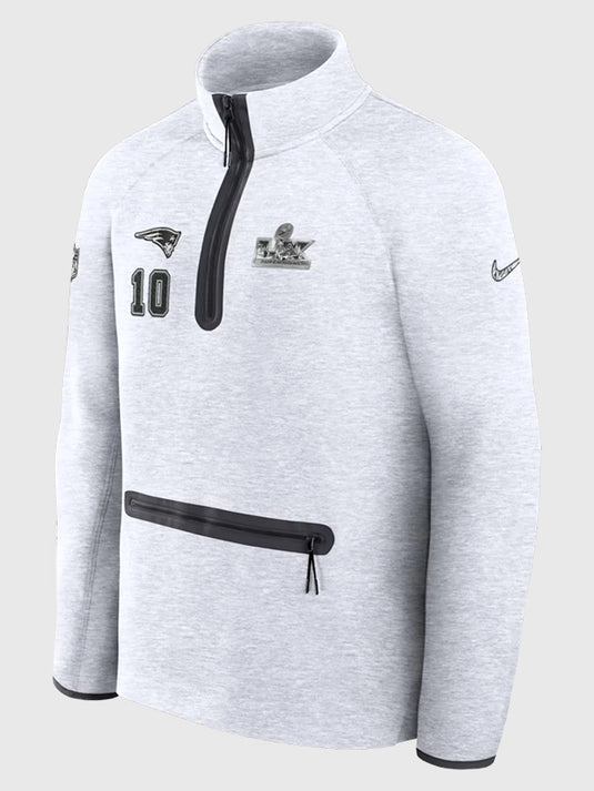 Grey Tech Fleece quarter zip jacket recreated from Drake Maye’s 2026 Patriots Super Bowl LX Opening Night ensemble with soft, lightweight fleece.
