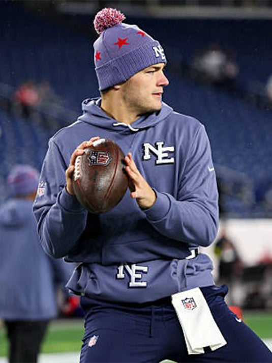 Storm blue Patriots Nike pullover hoodie from the 2025 Rivalries collection inspired by Drake Maye.