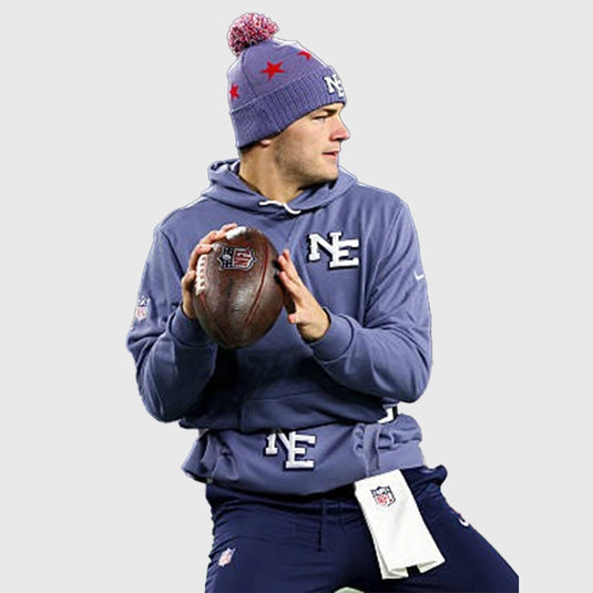 Drake Maye–inspired storm blue Patriots pullover hoodie with clean Nike construction and team branding.