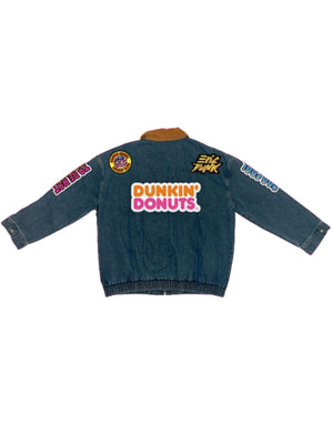 Recreated 1995 Dunkin' Donut denim jacket in blue with unisex cut and authentic vintage-inspired details