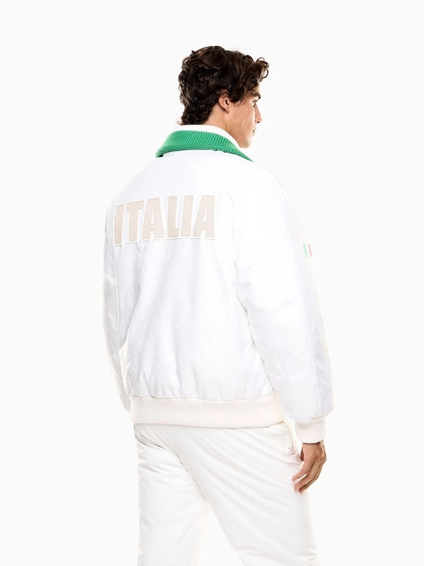 Team Italy Milano Cortina 2026 white bomber jacket crafted by EA7 Emporio Armani for casual wear and seasonal layering