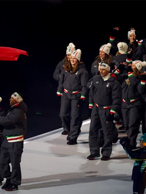 Recreated Team Italy EA7 Emporio Armani wool bomber jacket in charcoal grey with a structured silhouette and refined Olympic ceremony design.