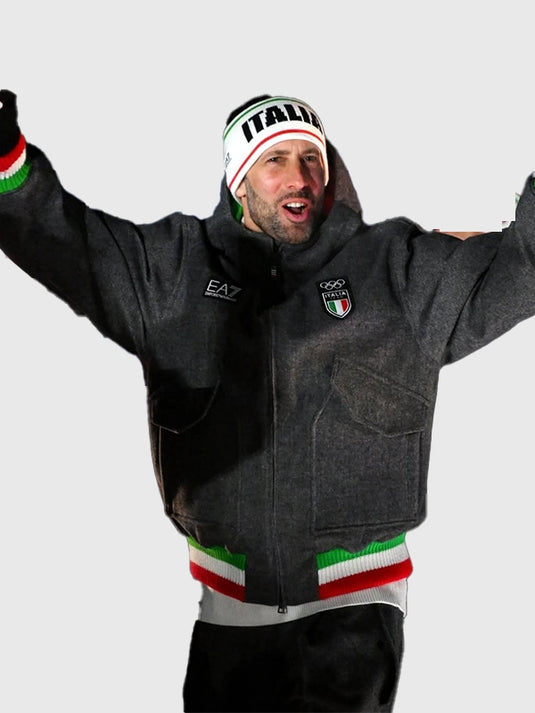 Milano Cortina 2026 Opening Ceremony wool bomber jacket recreated in charcoal grey with a refined finish and structured fit.