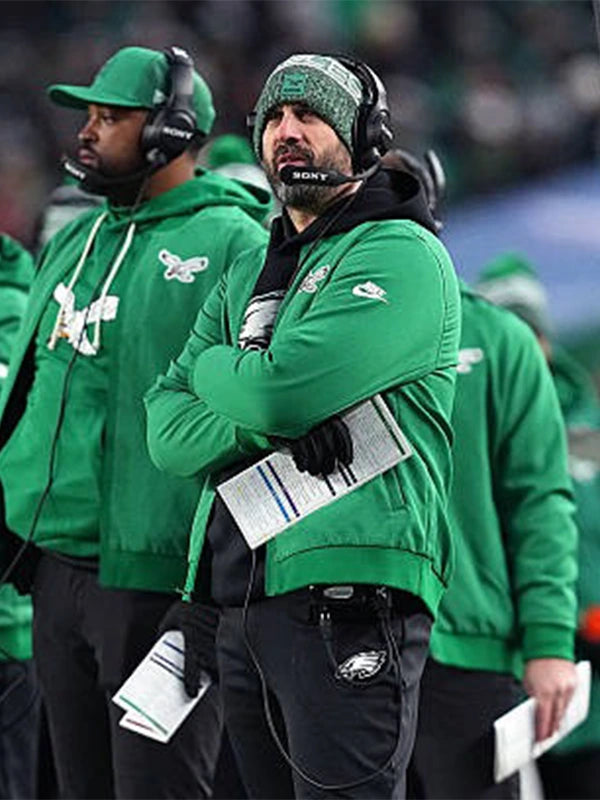 2025 Eagles sideline bomber jacket in Kelly Green combining athletic design and casual wearability