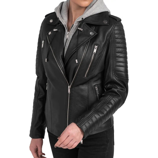 Elizabeth Black Biker Leather Jacket with Grey Hood