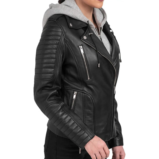 Elizabeth Black Biker Leather Jacket with Grey Hood