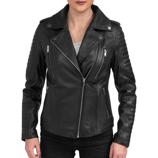 Elizabeth Black Biker Leather Jacket with Grey Hood