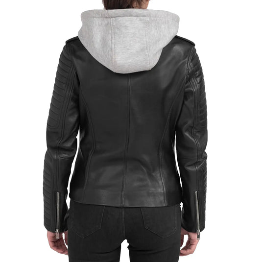 Elizabeth Black Biker Leather Jacket with Grey Hood