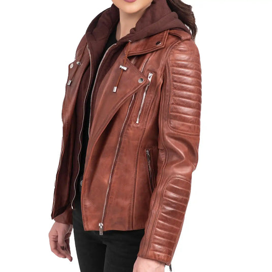 Elizabeth Brown Biker Hooded Leather Jacket