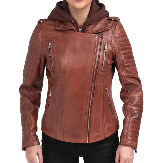 Elizabeth Brown Biker Hooded Leather Jacket