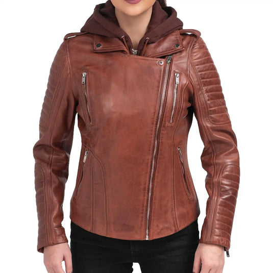 Elizabeth Brown Biker Hooded Leather Jacket