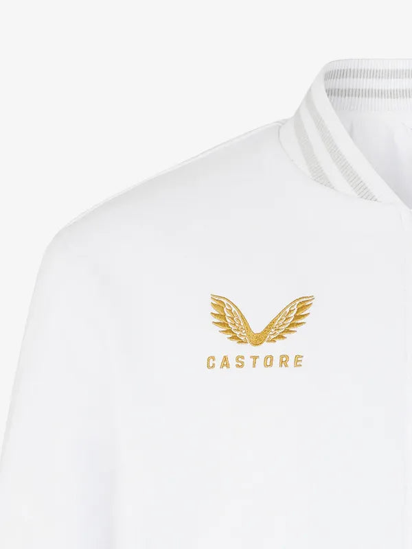 Recreated unisex England Rugby collaboration bomber jacket in white with lightweight lining and modern streetwear appeal