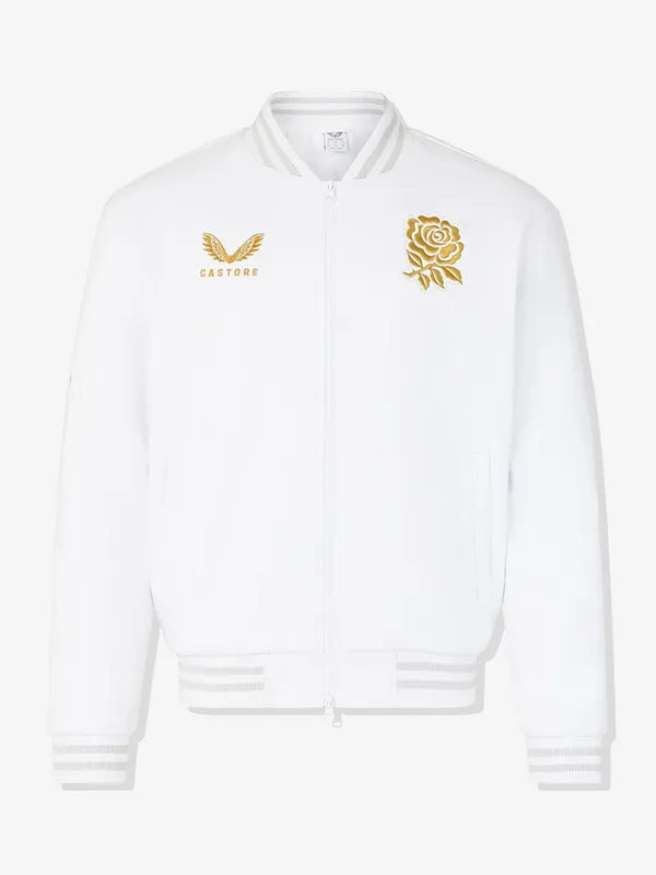 Recreated England Rugby x Undefeated x Castore unisex bomber jacket in white with sleek zip-front closure and ribbed trims