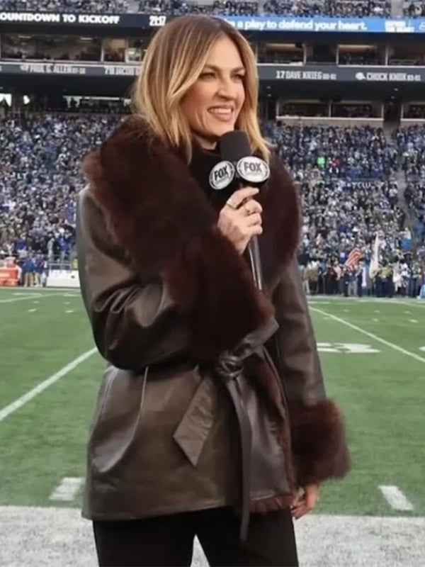 RECREATED Erin Andrews NFC Championship 2025 coat in black faux leather with a clean, elevated look