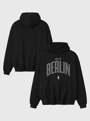 Fear of God x Berlin Game 90s fleece pullover hoodie in grey with oversized fit and bold retro-inspired styling