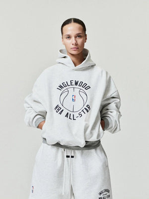 Recreated Essentials Inglewood x All Star Weekend ’26 90s fleece hoodie in grey with bold retro graphics