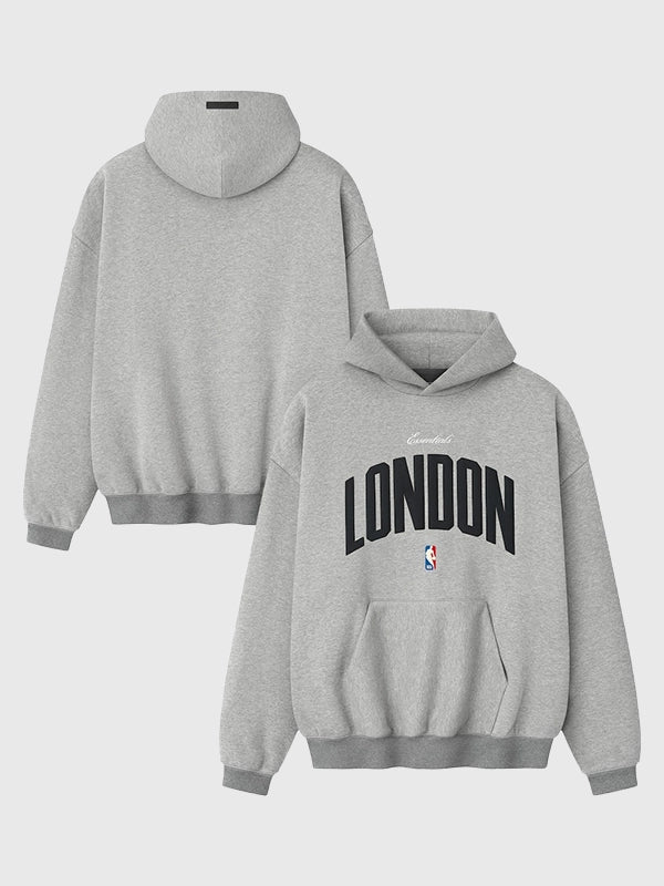 Fear of God x London Game 90s fleece pullover hoodie in grey with vintage-inspired oversized fit and street-ready style