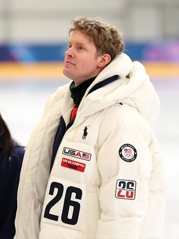 Off-white Team USA flagbearer jacket inspired by Evan Bates at Milano Cortina 2026 Winter Olympics, lightweight warmth and modern styling