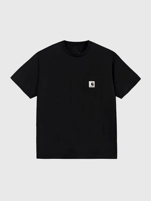 Recreated F.C. Real Bristol x Carhartt WIP 2026 black pocket short sleeve t-shirt for men and women with clean logo detailing