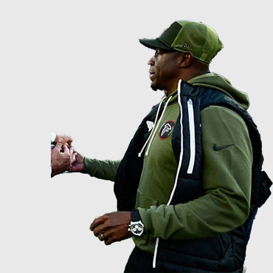 Coach Raheem Morris Falcons Olive Green Hoodie made from soft fleece with drawstring hood design.