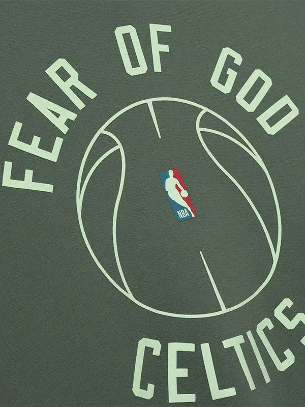 Recreated Celtics green pullover hoodie blending Fear of God streetwear influence with classic team heritage
