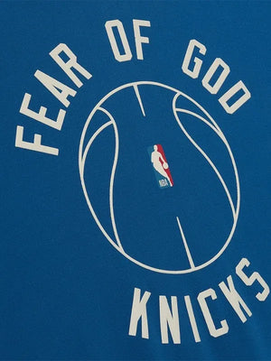 Recreated blue Fear of God x Barkley L. Hendricks Knicks hoodie offering kangaroo pocket and retro-inspired styling