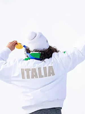 Federica Brignone Team Italy EA7 white winter jacket Milano Cortina 2026 inspired look with clean lines and performance feel