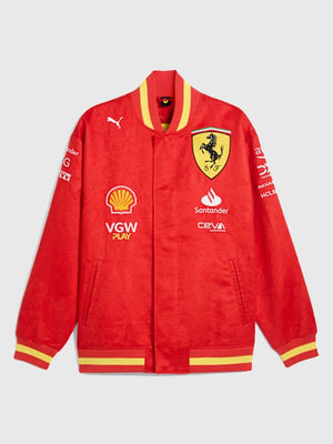 RECREATED Scuderia Ferrari Team Motorsport Varsity Jacket in Red featuring a bold racing-inspired silhouette with classic varsity styling