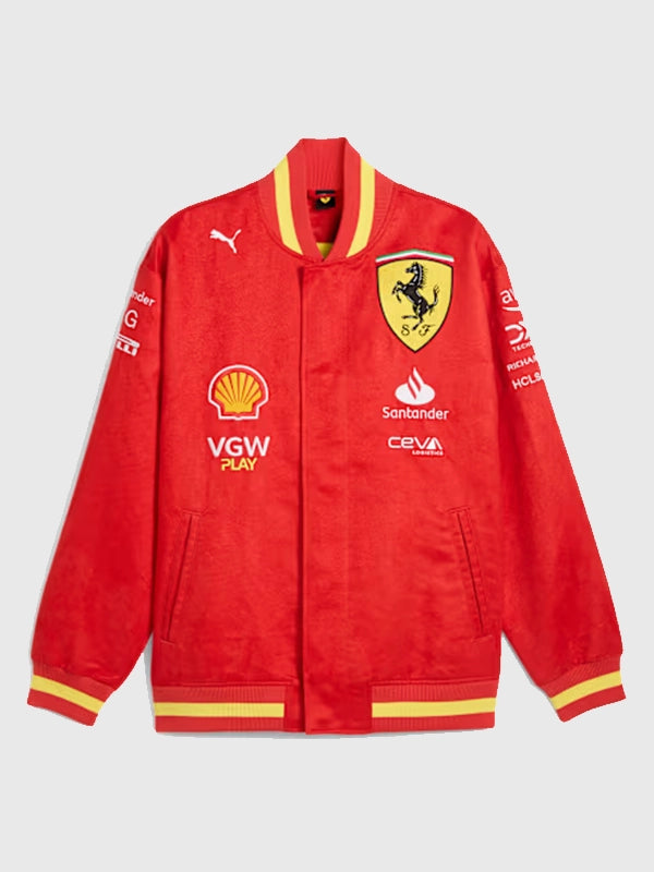 RECREATED Scuderia Ferrari Team Motorsport Varsity Jacket in Red featuring a bold racing-inspired silhouette with classic varsity styling