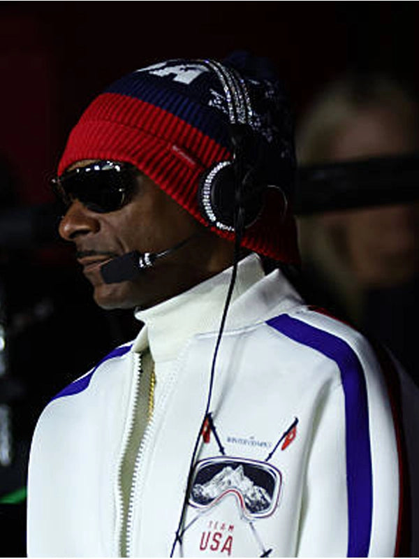 Recreated Winter Olympics 2026 Milano Cortina Snoop Dogg Team USA white full-zip track jacket with sleek athletic silhouette and smooth fabric finish