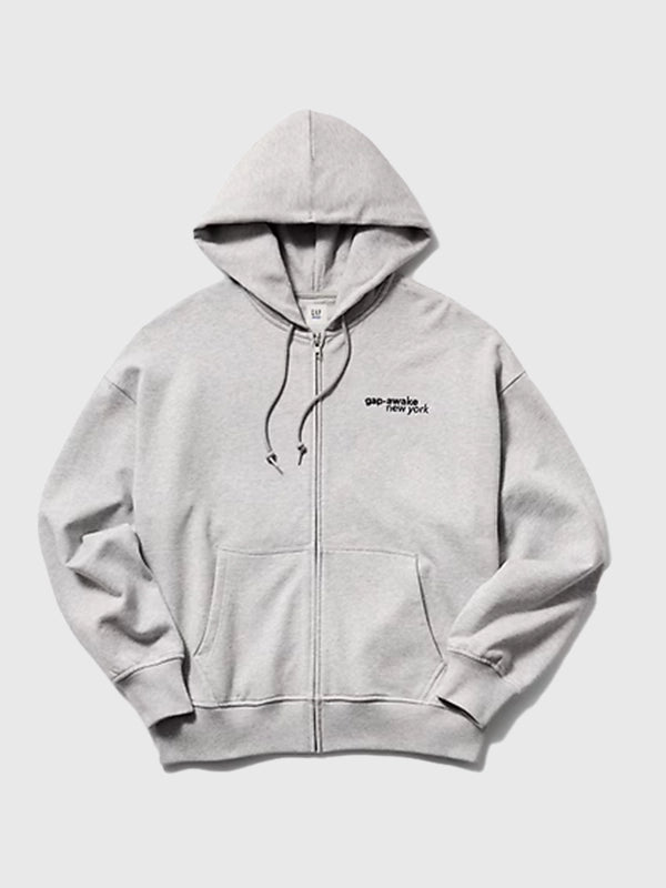 RECREATED Awake NY x Gap 2026 Grey Oversized Logo Fleece Zip Hoodie offering plush comfort with a contemporary urban aesthetic