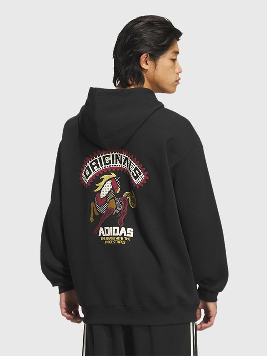 Black fleece unisex pullover hoodie inspired by Adidas LNY SS26, recreated for everyday comfort and casual wear