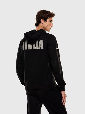 EA7 Emporio Armani black fleece pullover hoodie designed around the Milano Cortina 2026 Winter Olympics Team Italy theme with cozy athletic appeal