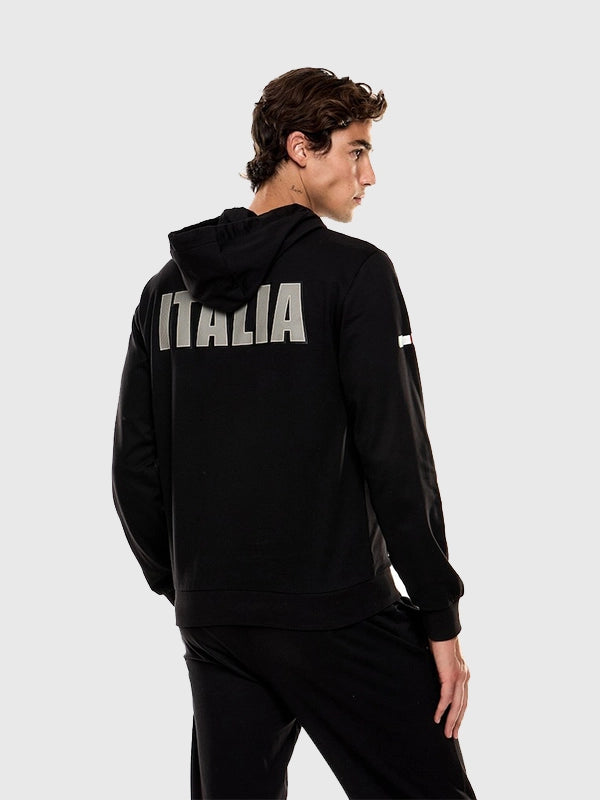 EA7 Emporio Armani black fleece pullover hoodie designed around the Milano Cortina 2026 Winter Olympics Team Italy theme with cozy athletic appeal