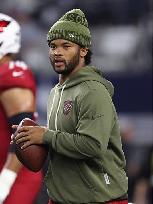 Kyler Murray Cardinals 2025 Olive Green Fleece Hoodie inspired by Salute to Service sideline design.
