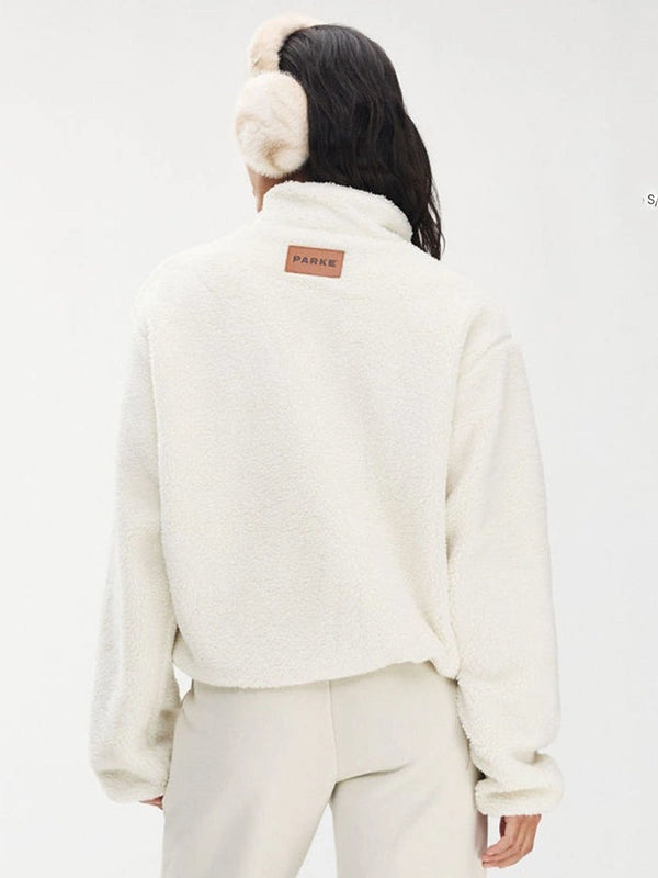 Parke 2026 quarter zip fleece pullover sweatshirt in off-white with a clean, neutral varsity-inspired look
