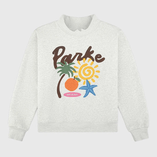 Grey Parke Miami fleece sweatshirt with mockneck collar and striking graphic design.